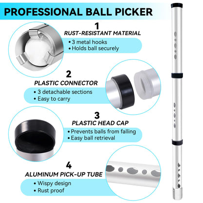 Golf Ball 3 Sections Aluminium Alloy Picker Tube with Metal Hooks