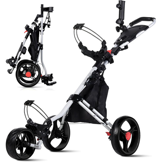 Deluxe 3 Wheel Golf Push Cart Silver Frame