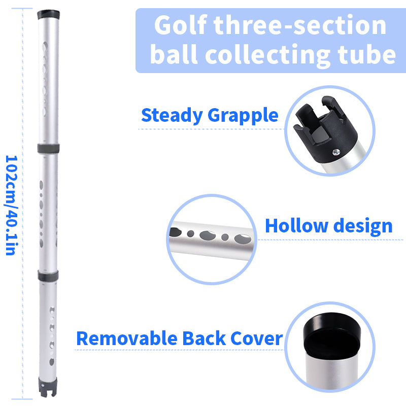 Golf Ball Picker Tube 3 Sections Aluminium Alloy with Plastic Hooks