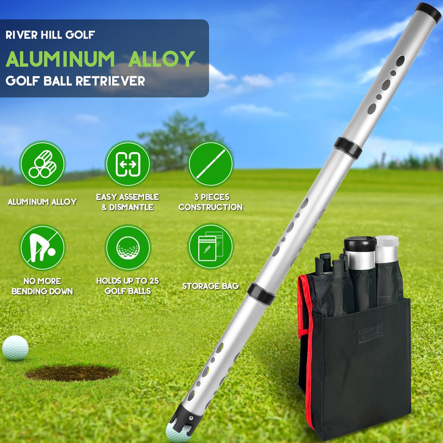 Golf Ball Picker Tube 3 Sections Aluminium Alloy with Plastic Hooks