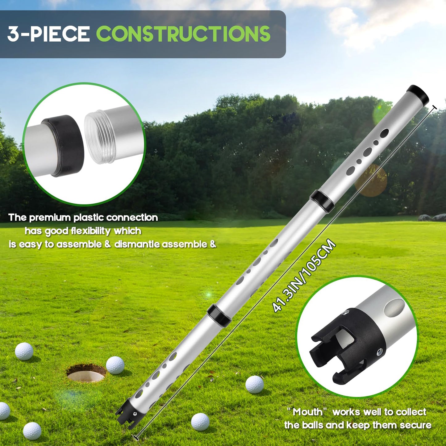 Golf Ball Picker Tube 3 Sections Aluminium Alloy with Plastic Hooks
