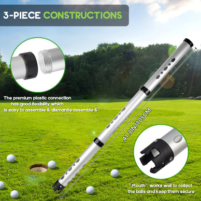 Golf Ball Picker Tube 3 Sections Aluminium Alloy with Plastic Hooks