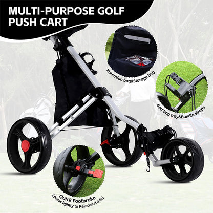 Deluxe 3 Wheel Golf Push Cart Silver Frame