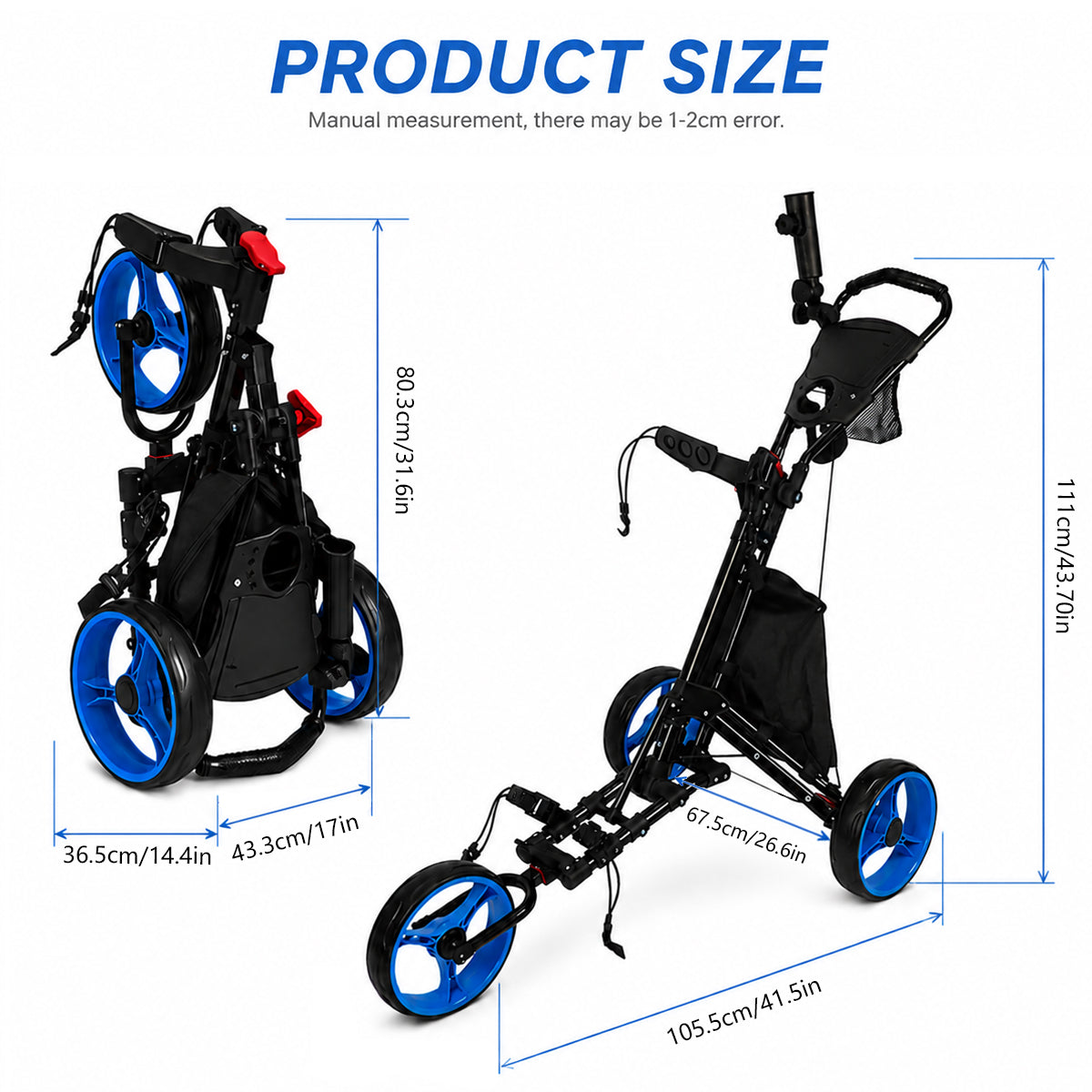 Premium Foldable 3-Wheel Golf Push Cart with Cooler Bag, Umbrella Holder & Storage Mesh Bag