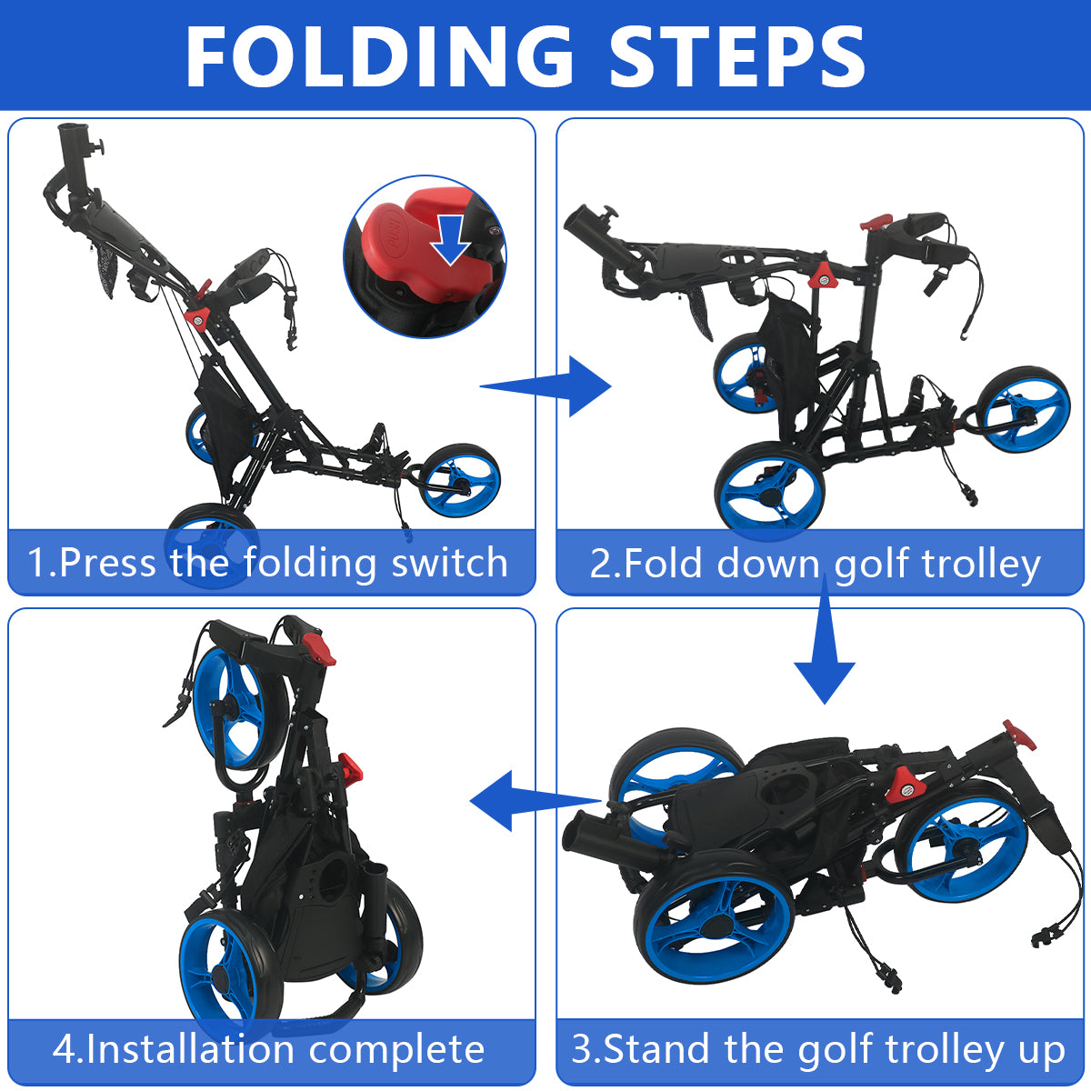 Premium Foldable 3-Wheel Golf Push Cart with Cooler Bag, Umbrella Holder & Storage Mesh Bag