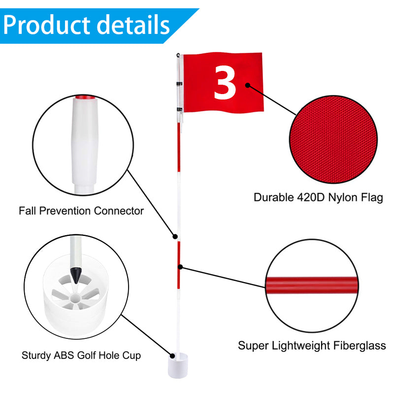 Golf 6ft Flag stick and Cup Glass Fiber 5-Section Design with Connectors