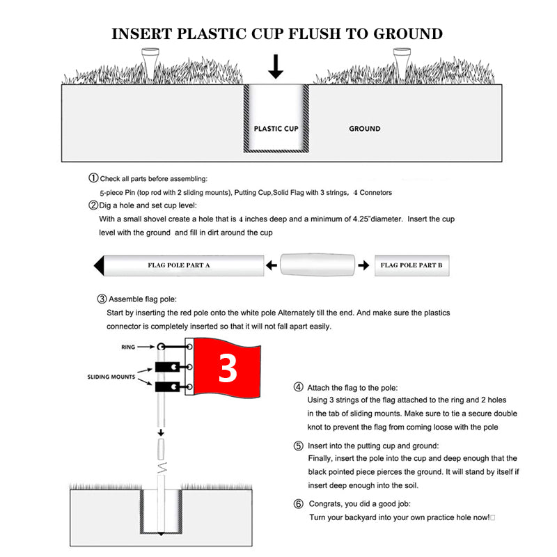 Golf 6ft Flag stick and Cup Glass Fiber 5-Section Design with Connectors