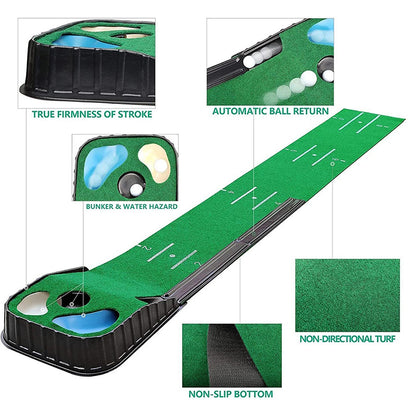 9FT Golf Putting Mat with Scale,  Bunker and Water Hazard Hole